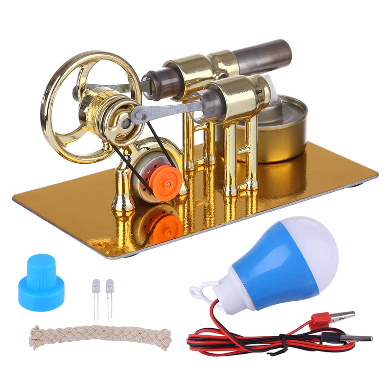 γ-Type Golden Single Cylinder Sterling Engine Generator Stirling Model with LED Diode and Bulb Science Experiment Educational Toy - stirlingkit